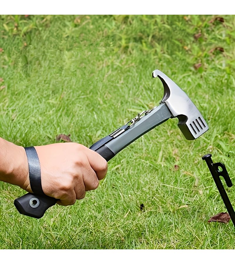 Heavy Duty Carbon Steel Camping Hammer Mallet With Hanging Rope Grey Multi Functional Outdoor Wooden Hammer Practical Car Use Durable Sturdy Tent Construction Tool - Image 1