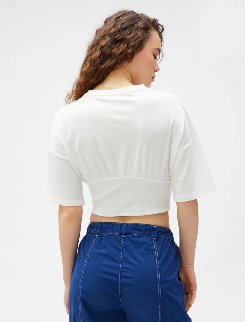 KOTON Crop T-Shirt Corset Waist Short Sleeve Crew Neck Cotton