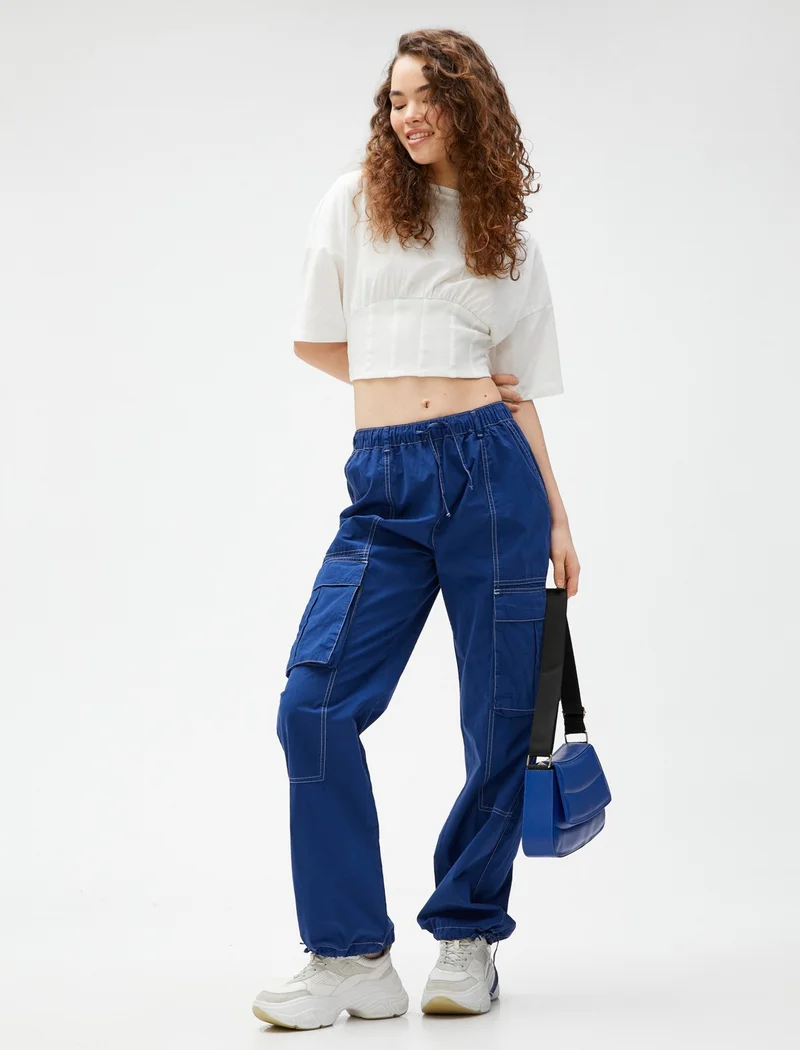 KOTON Crop T-Shirt Corset Waist Short Sleeve Crew Neck Cotton