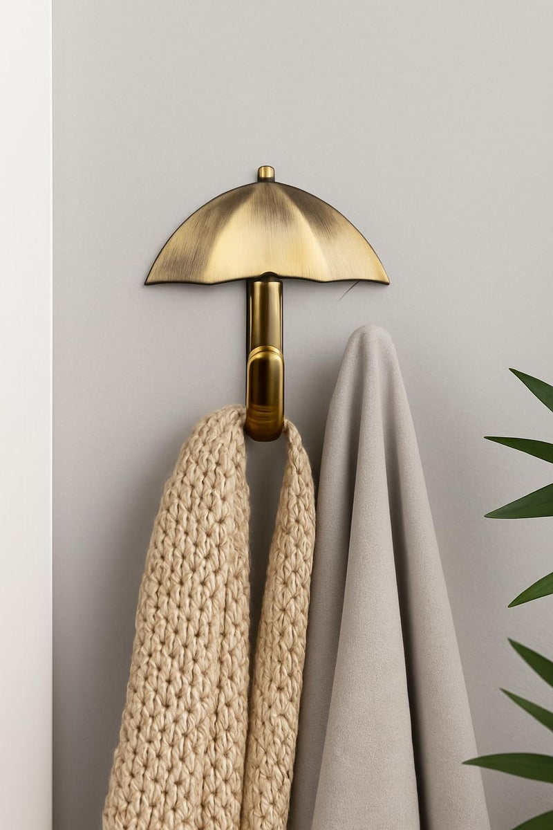 Colornest 1 Pc Metal Hooks for Wall – Heavy Duty Umbrella Design Wall Hooks for Hanging | Towel, Clothes Hanger for Bathroom, Kitchen & Entryway | Antique Brass - Image 2