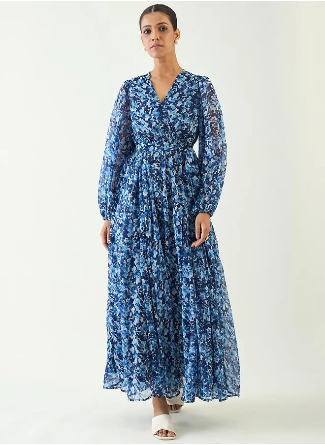 فيميلا Floral Print Balloon Sleeve Wrap Maxi Dress