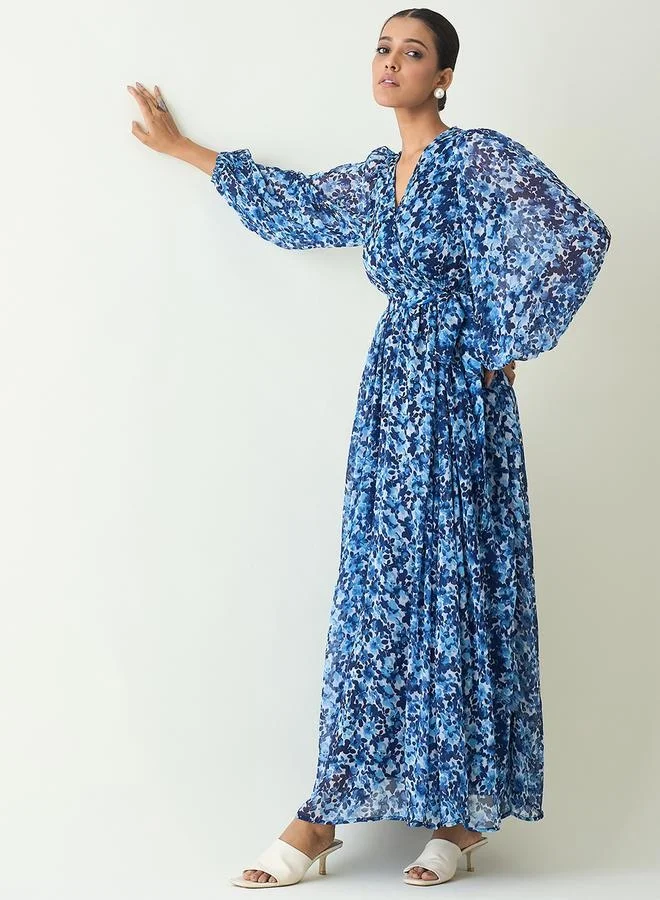 Femmella Floral Print Balloon Sleeve Wrap Maxi Dress by Styli