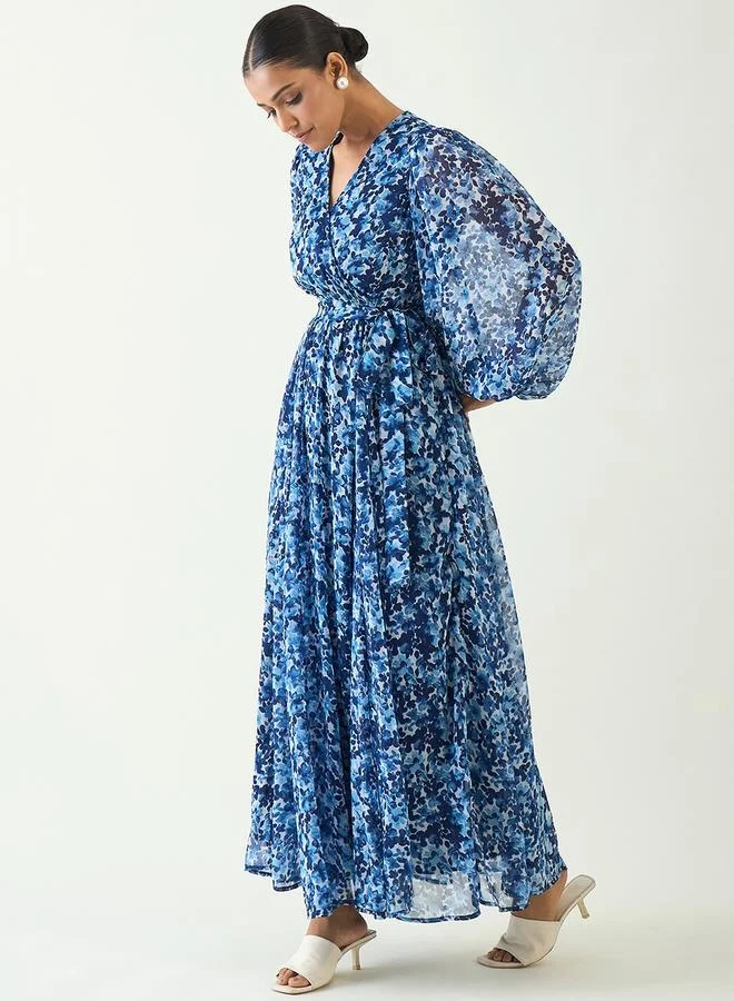Femmella Floral Print Balloon Sleeve Wrap Maxi Dress by Styli