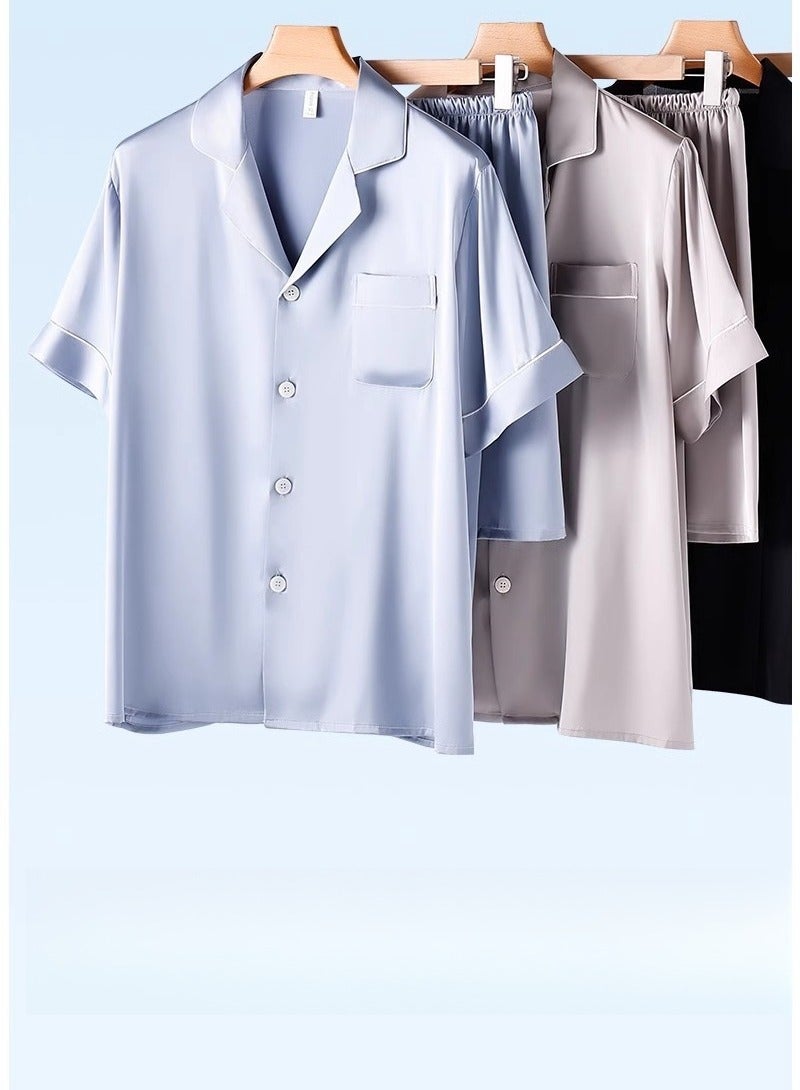 MIIOW Ice Silk Sleepwear Men's Simulated Silk Short  Sleeved High-End Home Suit Set  - Image 5