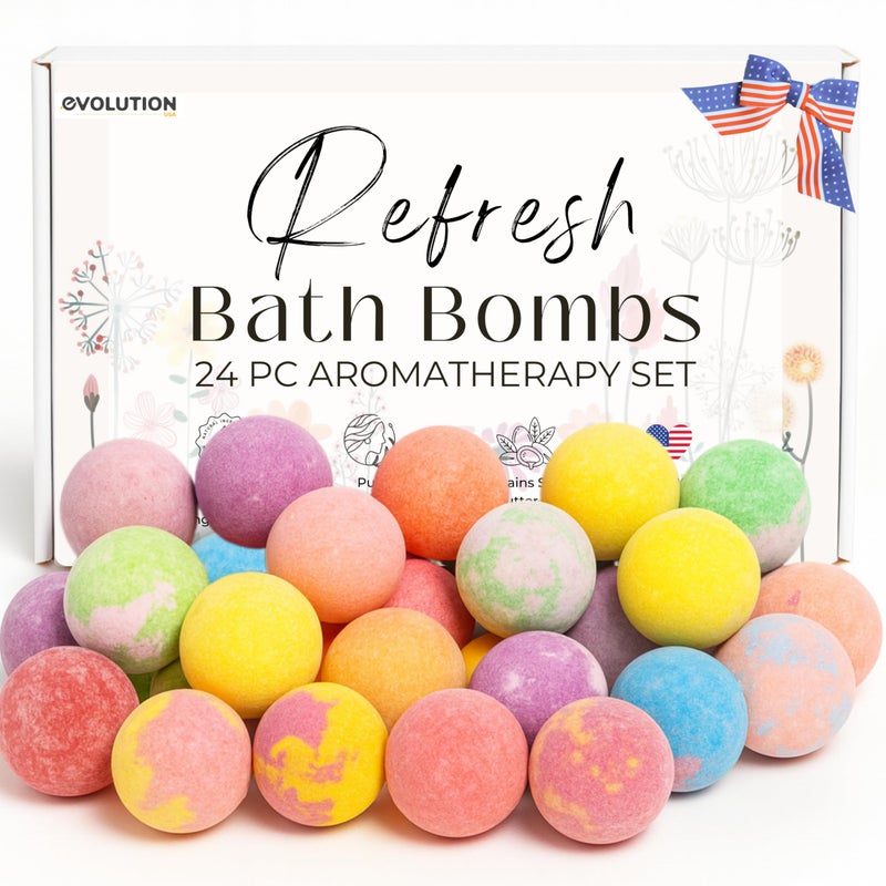 EvolutionUSA 24 Refresh Bath Bombs for Women & Kids â€“ Lush Bath Bombs Mini Sized, Organic Bathbomb Set, Women & Kids Bath Fizz, Luxury Gift for Motherâ€™s Day, Easter, Valentines, Birthday or Self Care - Image 1