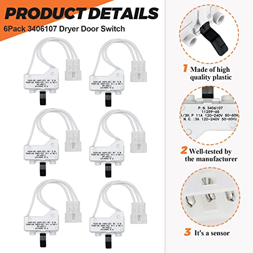 Beaquicy 3406107 Dryer Door Switch by Beaquicy - Replacement for Whirlpool, Ken-more, Roper, Amana, Crosley Dryer (6-Pack) - Image 2