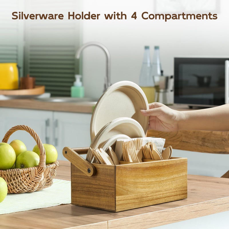 BWODYAY Acacia Paper Plate Dispenser, Paper Plate Holders with Handle, Picnic Silverware Caddy for Party, Cutlery Holder for Countertop, Wood Utensil Organizer for Home Kitchen & RV - Image 4