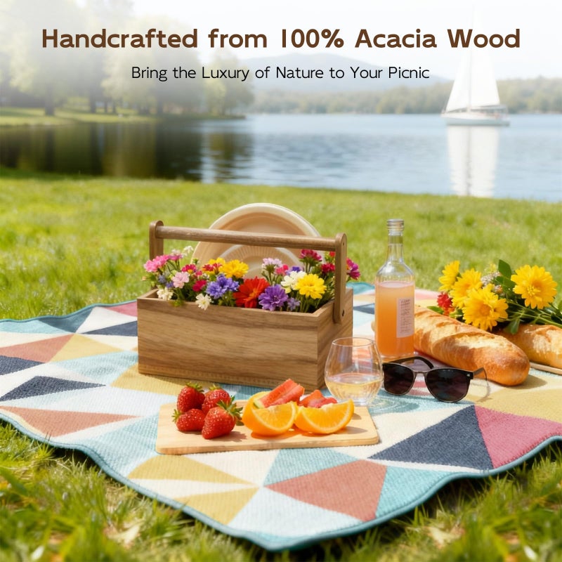 BWODYAY Acacia Paper Plate Dispenser, Paper Plate Holders with Handle, Picnic Silverware Caddy for Party, Cutlery Holder for Countertop, Wood Utensil Organizer for Home Kitchen & RV - Image 5