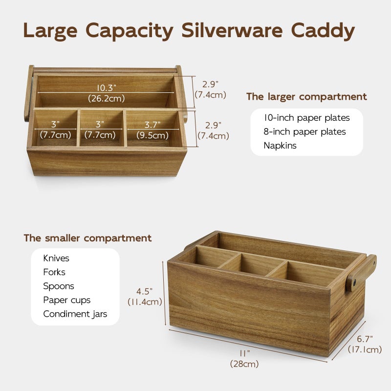 BWODYAY Acacia Paper Plate Dispenser, Paper Plate Holders with Handle, Picnic Silverware Caddy for Party, Cutlery Holder for Countertop, Wood Utensil Organizer for Home Kitchen & RV - Image 2