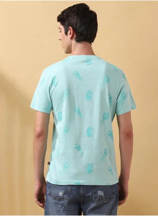 دينيس لينغو Men's Eggshell Blue 100% Cotton Printed Regular Fit T-Shirt