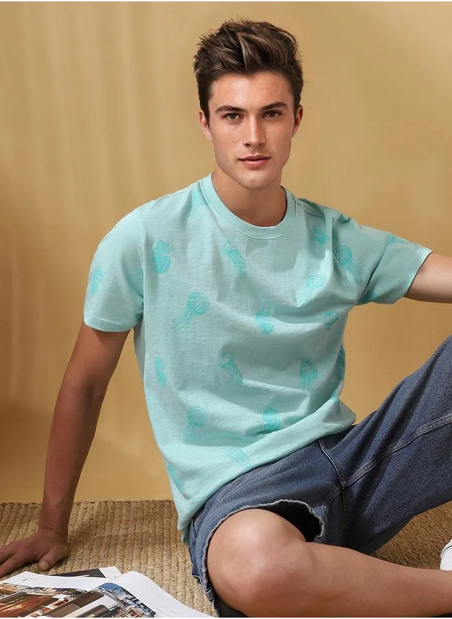 دينيس لينغو Men's Eggshell Blue 100% Cotton Printed Regular Fit T-Shirt