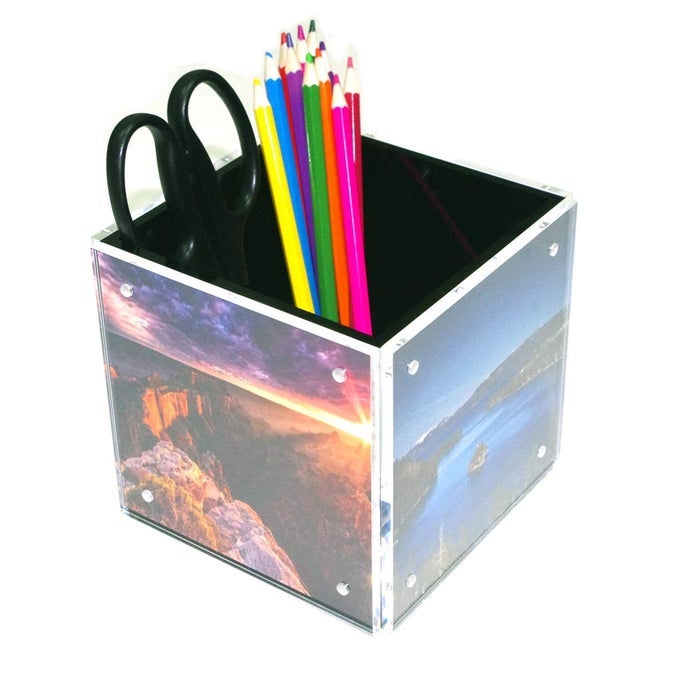 4SIDE ACRYLIC PHOTO BLOCK CUBE TABLETOP PEN HOLDER DESKTOP STORAGE ORGANIZER FOR OFFICE CLASSROOM HOME KIDS PICTURE FRAME FOR 5 X5 PHOTO SIZE