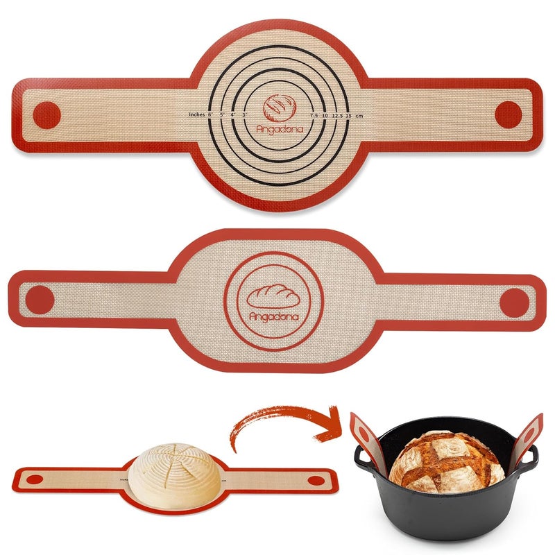 Angadona Silicone Bread Sling Oval and Round NonStick Easy Clean Reusable Oval Silicone Baking Mat for dutch oven With Long Handles Sourdough Bread Baking mat tools supplier Liner2 Brown Set  - Image 1