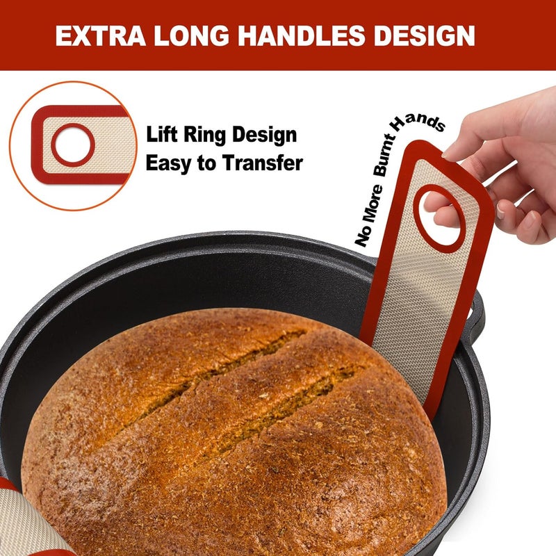 Angadona Silicone Bread Sling Oval and Round NonStick Easy Clean Reusable Oval Silicone Baking Mat for dutch oven With Long Handles Sourdough Bread Baking mat tools supplier Liner2 Brown Set  - Image 3