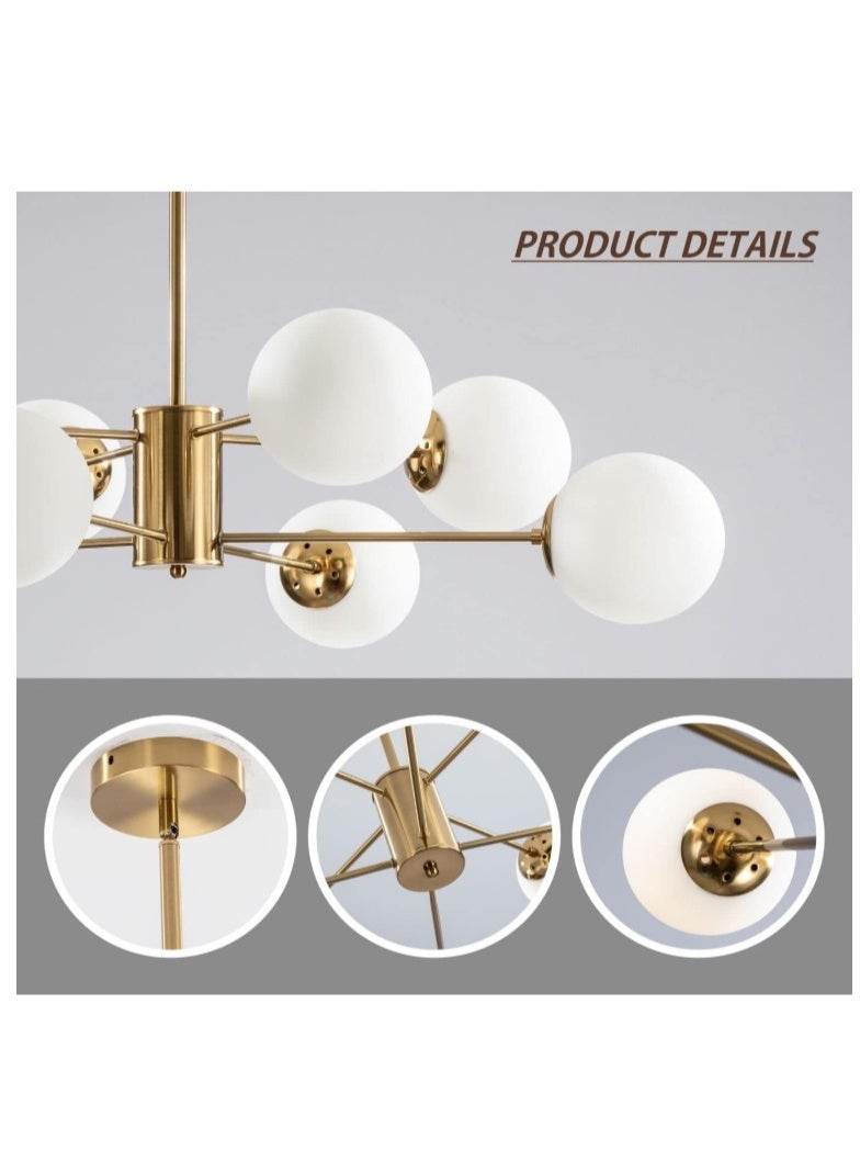 Modern Gold Chandelier with 8 Frosted Glass Globe Shades – Mid-Century Sputnik Ceiling Light Fixture for Living Room, Dining Room, Bedroom & Kitchen – Adjustable Hanging Pendant Lamp - Image 3
