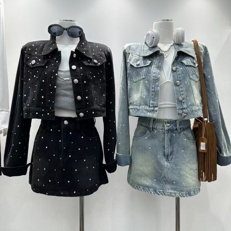 2024 Spring Womens Korean Style Design Sense Elegant Denim Coat Skirt suit Heavy Industry Rhinestone Lapel Short Jacket Black culottes + black jacket