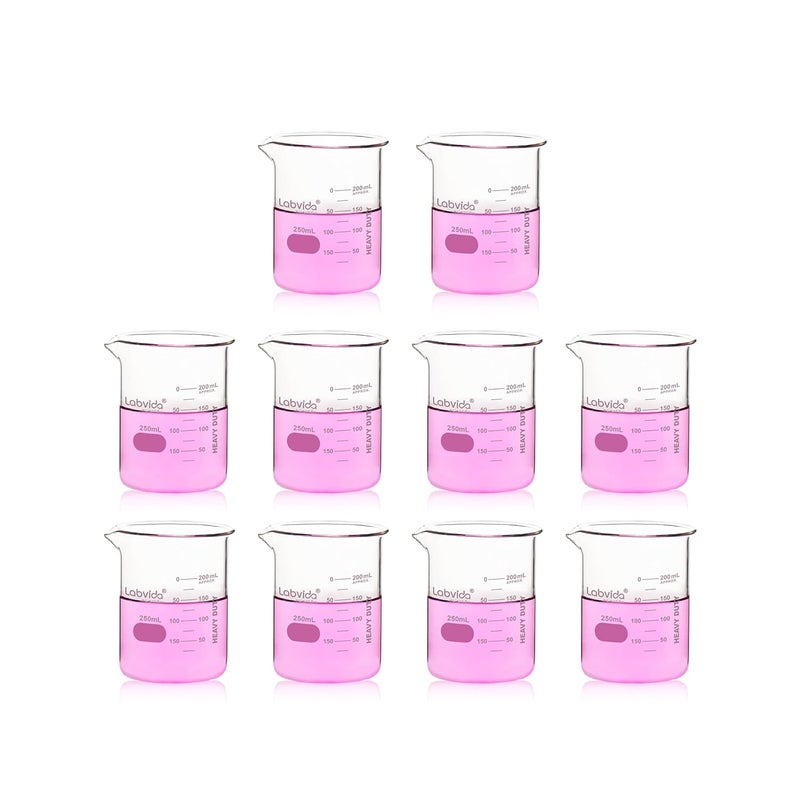 Labvida 10 Pcs 250ml Upgrated Thick Glass Beakers, Griffin Low Form Beaker Set with Double Scale, 3.3 Boro, LVA025 - Image 1