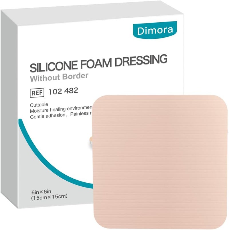Dimora Silicone Foam Dressing Without Border - 6"x 6" Highly Absorbent Adhesive Bandages for Wounds Cuttable Pads for Wound Care 5 Pack