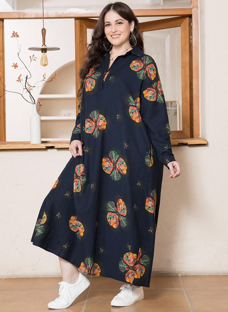 فرايديين لبس العطلة طوق على شكل V زهري تباين اللون ازرار جيب كم منتظم فساتين حجم إضافي ازرق داكن - Image 1