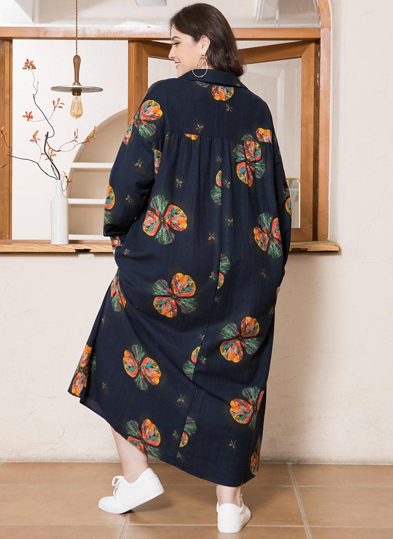 فرايديين لبس العطلة طوق على شكل V زهري تباين اللون ازرار جيب كم منتظم فساتين حجم إضافي ازرق داكن - Image 2