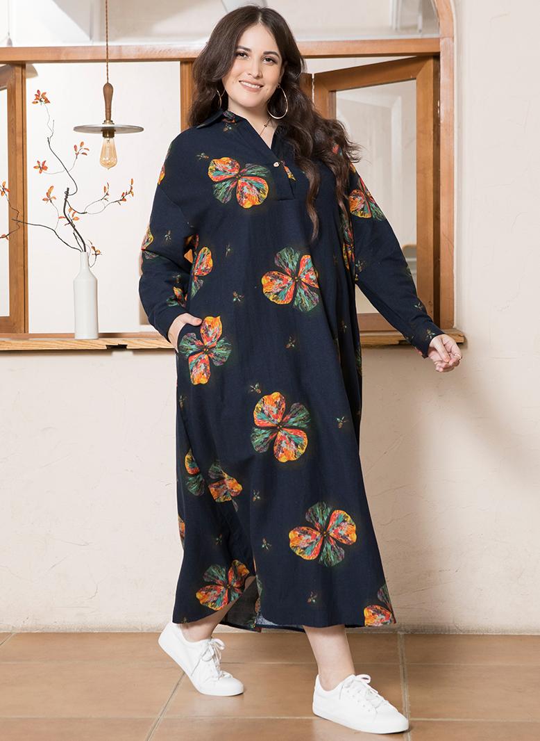 فرايديين لبس العطلة طوق على شكل V زهري تباين اللون ازرار جيب كم منتظم فساتين حجم إضافي ازرق داكن - Image 3