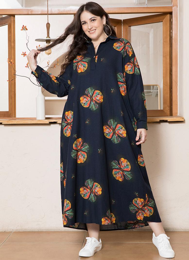 فرايديين لبس العطلة طوق على شكل V زهري تباين اللون ازرار جيب كم منتظم فساتين حجم إضافي ازرق داكن - Image 4