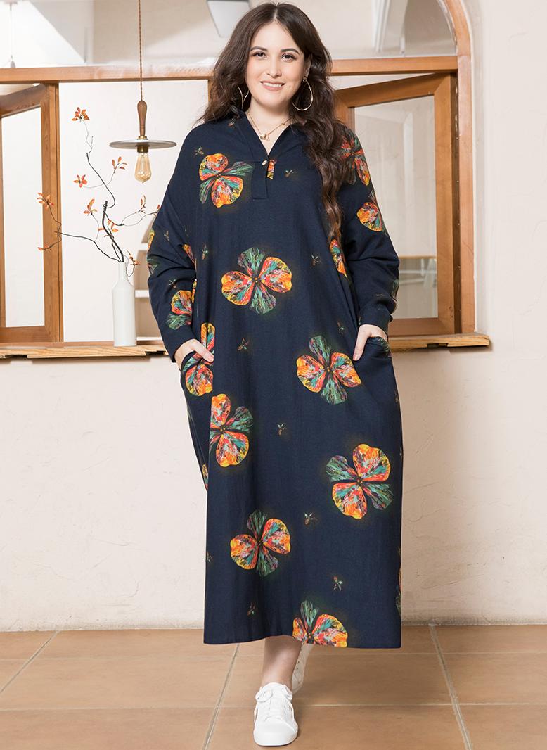 فرايديين لبس العطلة طوق على شكل V زهري تباين اللون ازرار جيب كم منتظم فساتين حجم إضافي ازرق داكن - Image 5