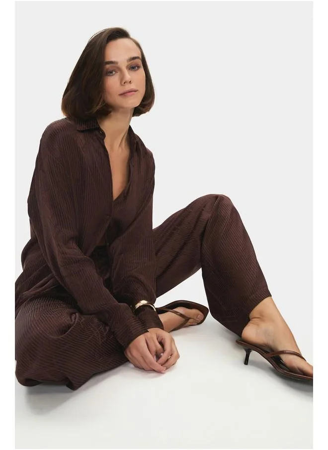 جون June Women Viscose Blend Self-Patterned Shirt Trouser Set Brown