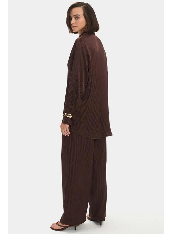JUNE June Women Viscose Blend Self-Patterned Shirt Trouser Set Brown