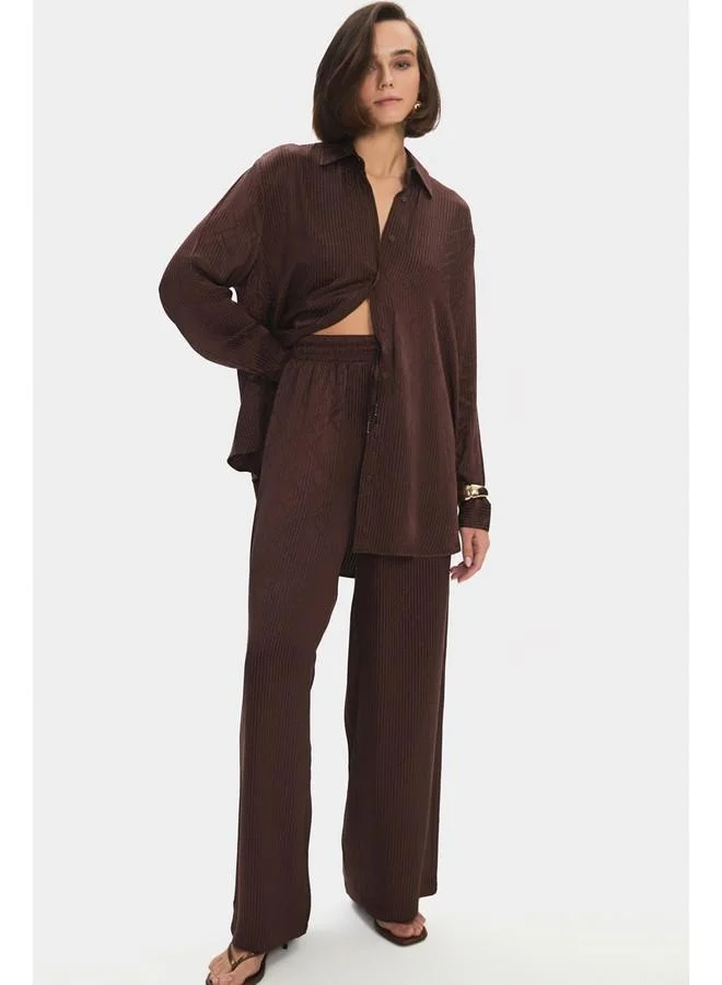 JUNE June Women Viscose Blend Self-Patterned Shirt Trouser Set Brown