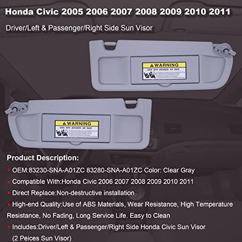 NHILES Clear Gray Left &Right Side Sun Visor Compatible with Honda Civic 2006 2007 2008 2009 2010 2011 Replaces# 83280-SNA-A01ZC 83230-SNA-A01ZC - Image 2