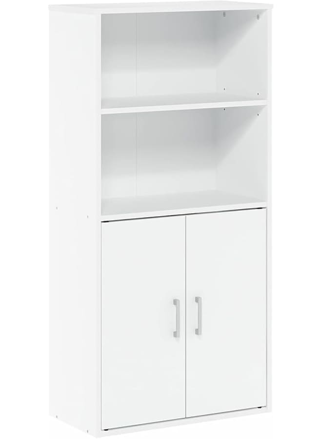 مودرن هوم خزانة كتب للتخزين ببابين باللون الأبيض، خزانة خشبية مصنعة برفّين مفتوحين، منظم قائم بذاته لغرفة المعيشة أو المكتب، وحدة عرض ووحدة تخزين مخفية - Image 5