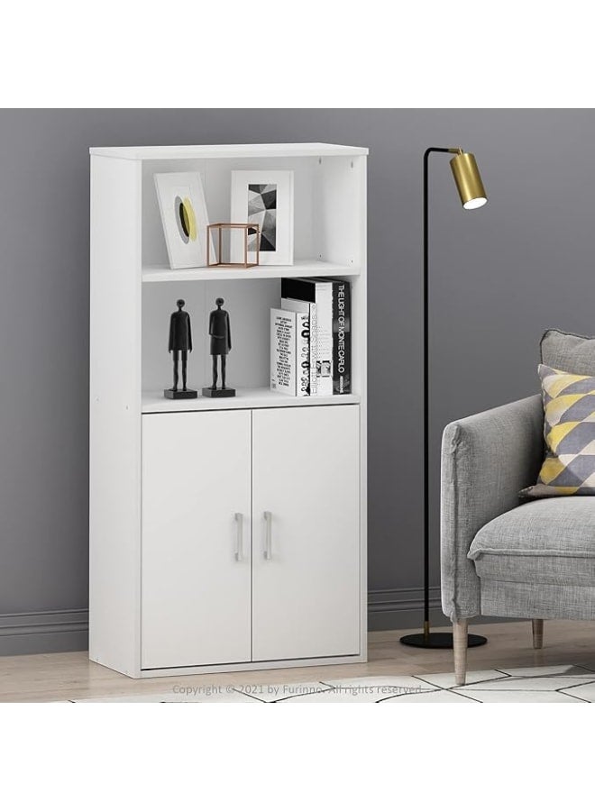 مودرن هوم خزانة كتب للتخزين ببابين باللون الأبيض، خزانة خشبية مصنعة برفّين مفتوحين، منظم قائم بذاته لغرفة المعيشة أو المكتب، وحدة عرض ووحدة تخزين مخفية - Image 1