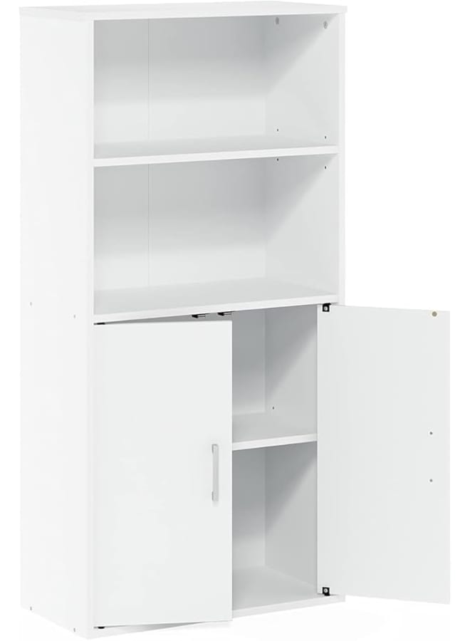 مودرن هوم خزانة كتب للتخزين ببابين باللون الأبيض، خزانة خشبية مصنعة برفّين مفتوحين، منظم قائم بذاته لغرفة المعيشة أو المكتب، وحدة عرض ووحدة تخزين مخفية - Image 4