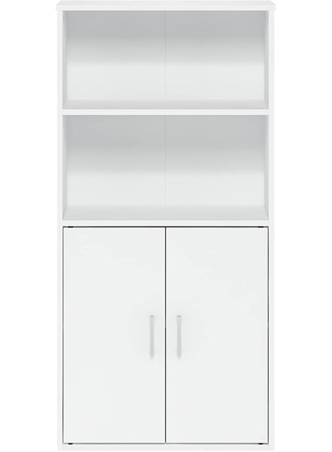 مودرن هوم خزانة كتب للتخزين ببابين باللون الأبيض، خزانة خشبية مصنعة برفّين مفتوحين، منظم قائم بذاته لغرفة المعيشة أو المكتب، وحدة عرض ووحدة تخزين مخفية - Image 3