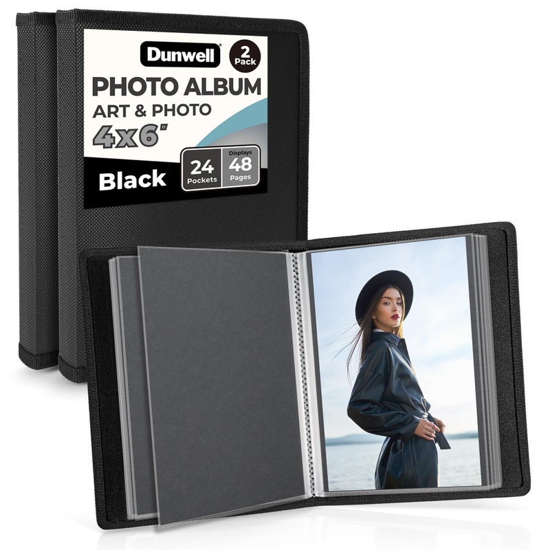 Dunwell 4x6 Photo Album 2Pack Black Mounting Paper Small 4 x 6 Art Portfolio Presentation Binder 24 Clear Sleeves Show 48 Pages Professional Picture Book for Artwork Postcards - Image 1