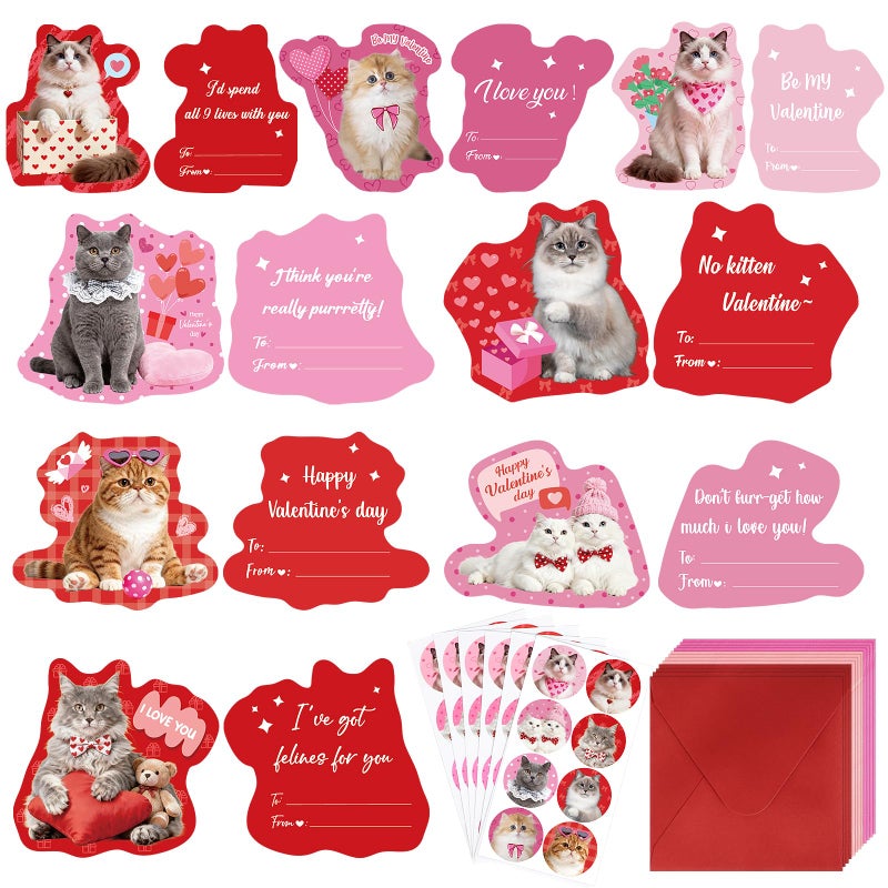 Sealmic 48 Sets Assorted Cat Valentines Days Cards For Kids Classroom School Cute Cat Valentines Cards With Envelops Stickers Greeting Cute Pet Love Cards For Girls Boys Kids Party Gift Exchange Brithday Supplies Favors Double Sided Printing - Image 1