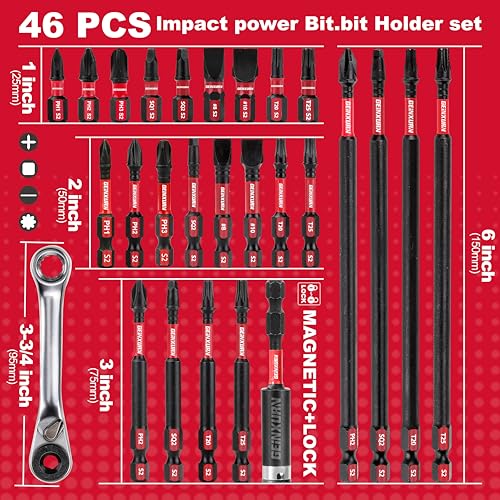 GEINXURN Impact Tough Magnetic Mixed 46Pack Insert Driver Bits, S2 Alloy Steel Screwdriver Power Bits Set with 1Pcs Impact Magnetic Bit Holder and Mini Wrench - Image 4