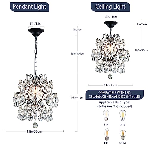 Bestier Black Modern Pendant Chandelier Crystal Raindrop Lighting Ceiling Light Fixture Lamp for Dining Room Bathroom Bedroom Livingroom entryway 1 E26 Bulbs Required D13 in x H16 in - Image 3