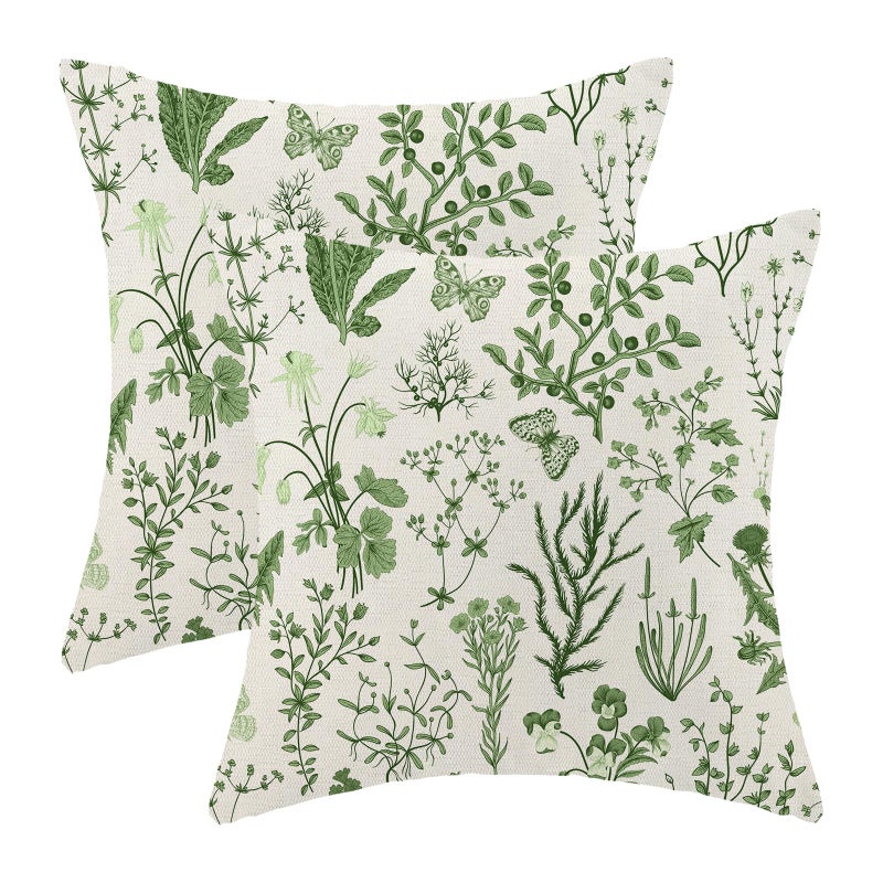 AEIOAE Summer Pillow Covers 18x18 Inch Set of 2,Olive Green Wild Flower Plant Throw Pillows Case,Seasonal Floral Outdoor Decorative Square Linen Farmhouse Decor Cushion Covers for Home Sofa Bed Couch - Image 1