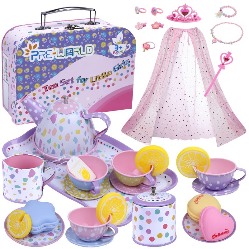 PRE-WORLD Tea Party Set for Little GirlsPREWORLD Princess Tea Time Toy with Food Sweet Treats PlaysetsDress Up Accessories Cloak Necklace Bracelet Jewelry Set Kids Kitchen Pretend Play for Girls Age 36 - Image 2