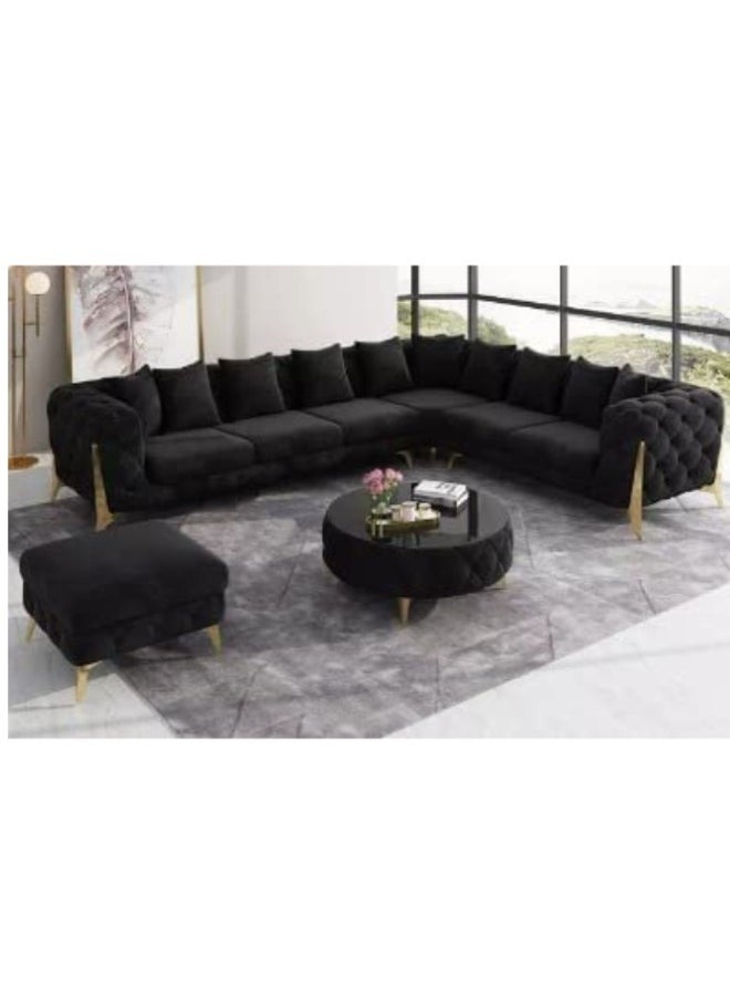 Maharat Al Bahar - Golden Legged L-Shaped Chesterfield Velvet Sofa Set Luxury Traditional Living Room 6 Seaters Black - Image 1
