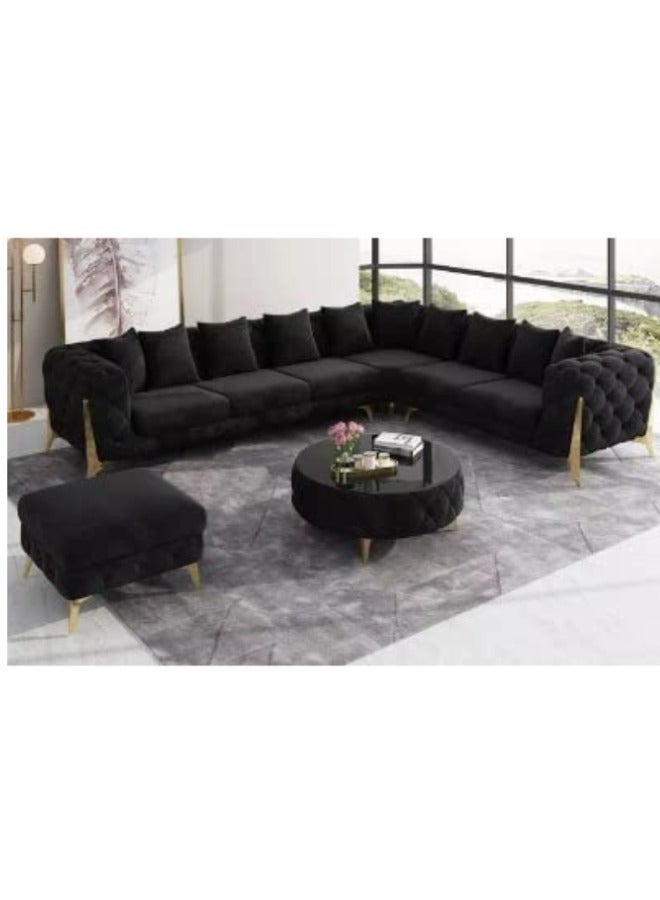 مهارة البحر طقم أرائك تشيسترفيلد المخملية ذات الأرجل الذهبية على شكل حرف L: غرفة معيشة تقليدية فاخرة - أسود - Image 1