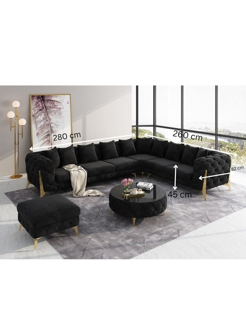 مهارة البحر طقم أرائك تشيسترفيلد المخملية ذات الأرجل الذهبية على شكل حرف L: غرفة معيشة تقليدية فاخرة - أسود - Image 2