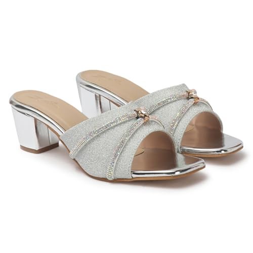 ZaySoo Smart & Sleek Women's Sequins stripe Heels Fashion Sandals for Women & Girls latest Collection & stylish (Silver, UK Footwear Size System, Adult, Women, Numeric, Medium, 5) - Image 5