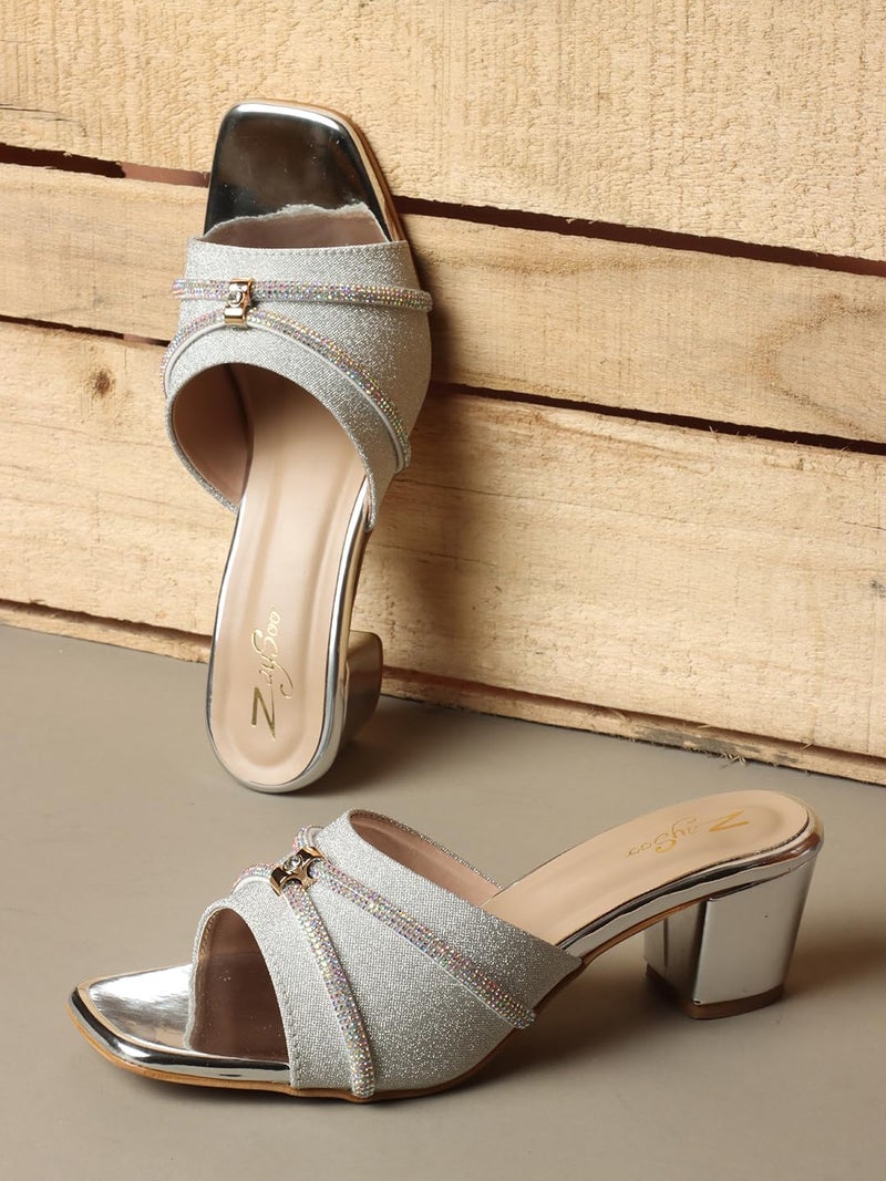 ZaySoo Smart & Sleek Women's Sequins stripe Heels Fashion Sandals for Women & Girls latest Collection & stylish (Silver, UK Footwear Size System, Adult, Women, Numeric, Medium, 5) - Image 3