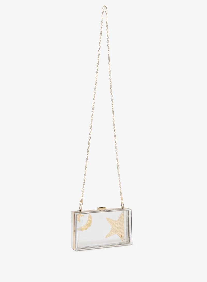 Khizana Clear Gold Statement Clutch With Jeweled Embellishment Print