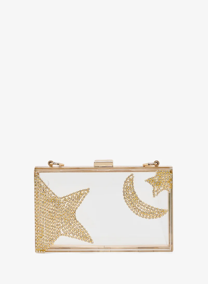 Khizana Clear Gold Statement Clutch With Jeweled Embellishment Print