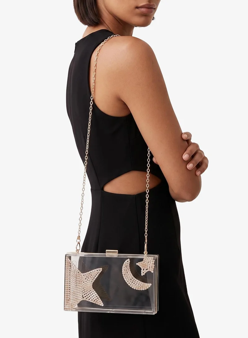 Khizana Clear Gold Statement Clutch With Jeweled Embellishment Print
