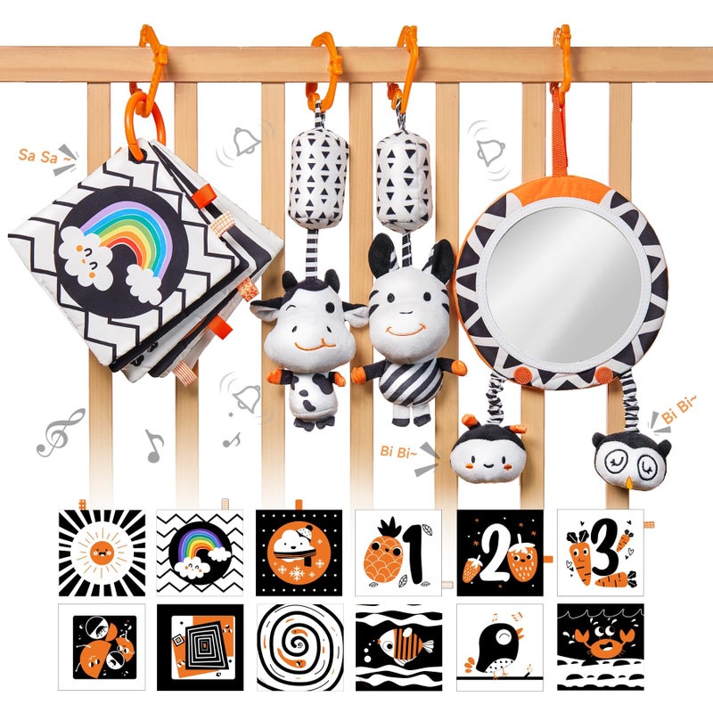 TUMAMA Black and White Baby Toys, High Contrast Baby Tummy Time Toys, Newborn Soft Books Mirror Rattles, Montessori Sensory Toys 0-12 Months, Hanging Infant Toys for Carseat Stroller Play Mat Crib - Image 1